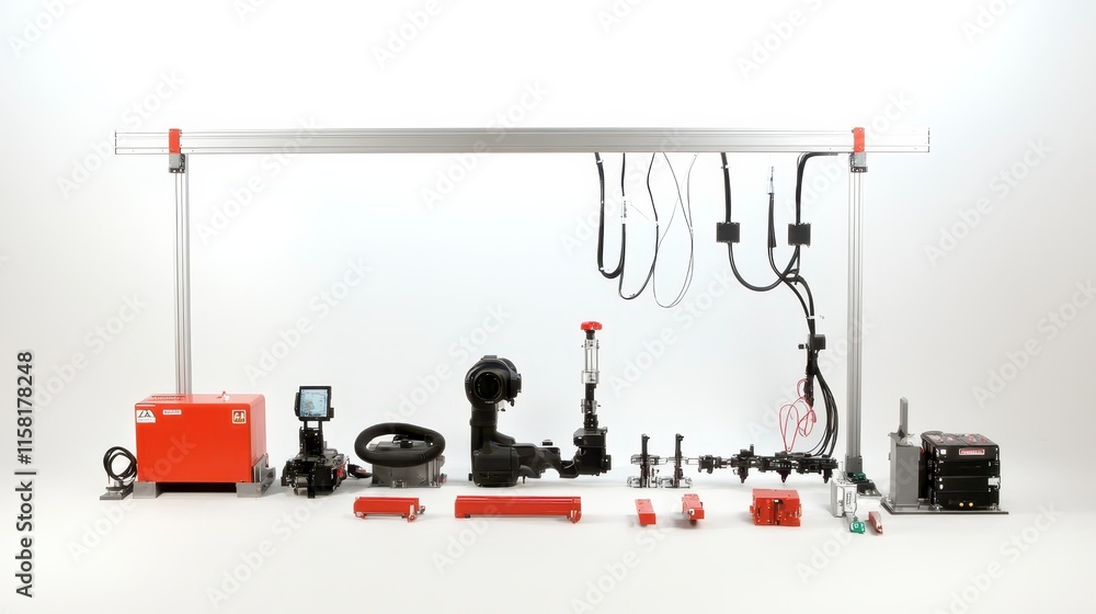 Poster the image displays an assortment of industrial equipment and components arranged neatly, showcasing 