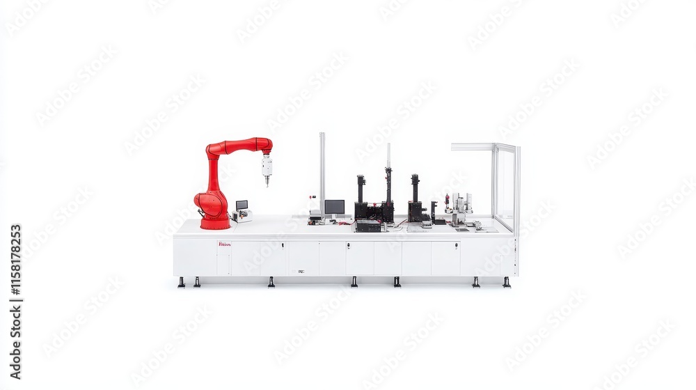 Poster a robotic workstation features a red robotic arm and various tools on a sleek, white surface, indica