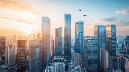 Obraz premium Aerial view of a modern city skyline at sunset with two jets flying overhead.