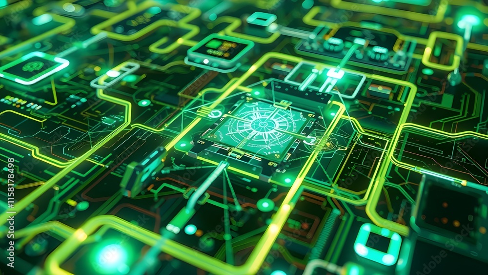 Poster close-up of an electronic circuit board with chips and components showcasing technology and computer