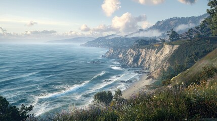 Scenic coastal view with cliffs, ocean waves, and lush vegetation under a cloudy sky.