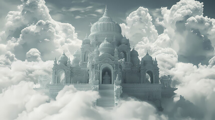 Ethereal temple: aetherial architecture amidst translucent clouds. Aetherial. Illustration
