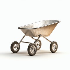A metallic wheelbarrow with a simple design, featuring four wheels, suitable for transportation of materials in gardening or construction.
