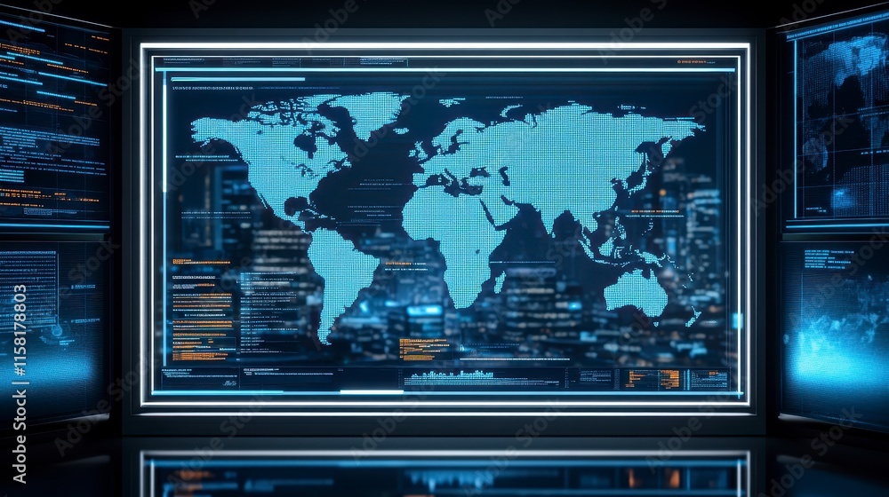 Poster a digital world map displayed on a high-tech screen, featuring data overlays and a futuristic design