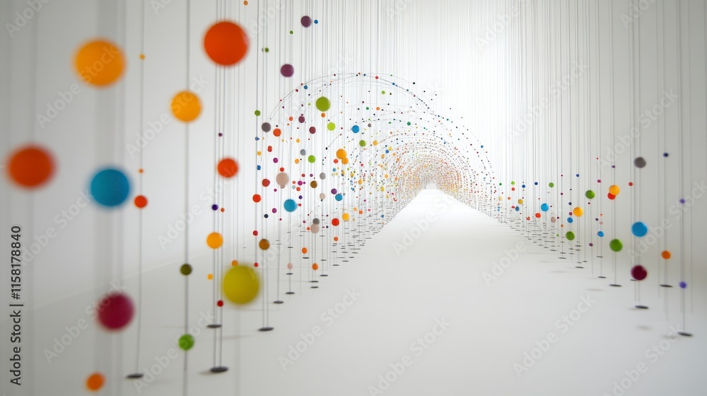 Poster a vibrant installation featuring colorful hanging dots that create a captivating visual pathway agai