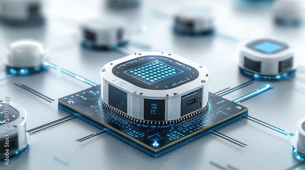 Poster a futuristic circuit board featuring a central processor surrounded by various microchips and intric