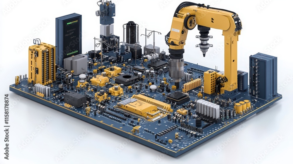 Poster a futuristic robotic arm is integrated into a detailed circuit board, showcasing advanced technology