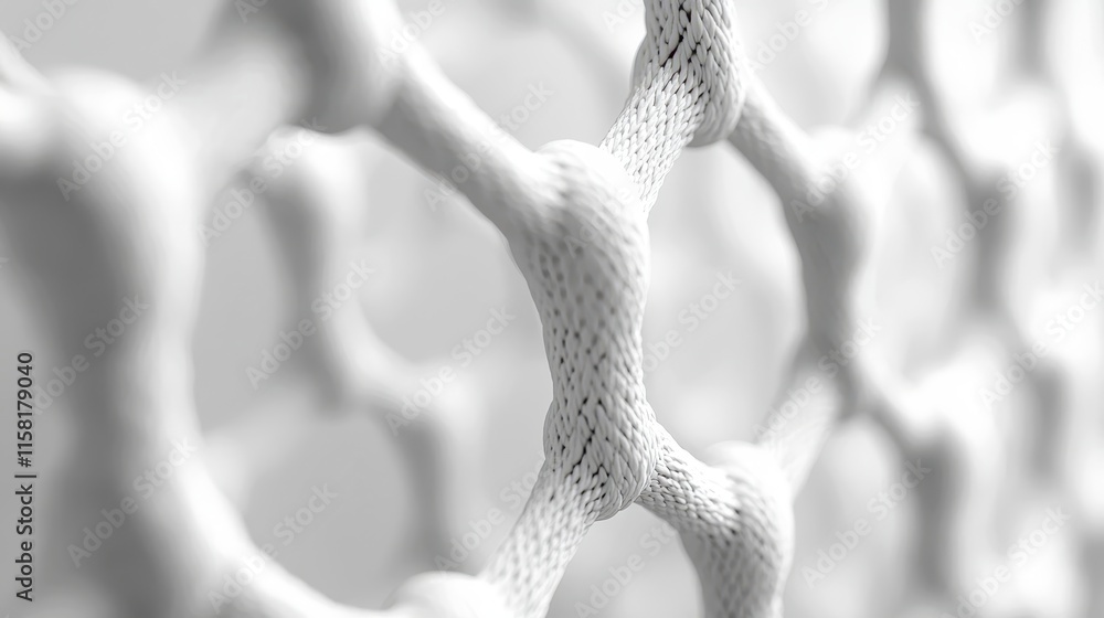 Poster a close-up view of a white, textured mesh-like pattern, showcasing a network of interconnected nodes