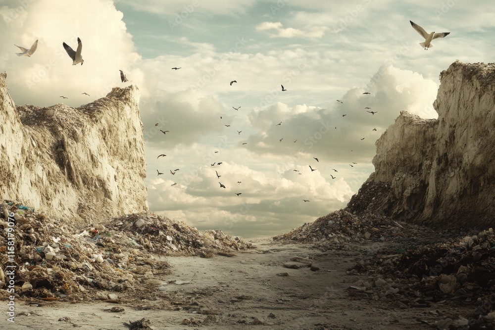 Poster seagulls soaring above a vast landfill with dramatic clouds in a desolate landscape. generative ai