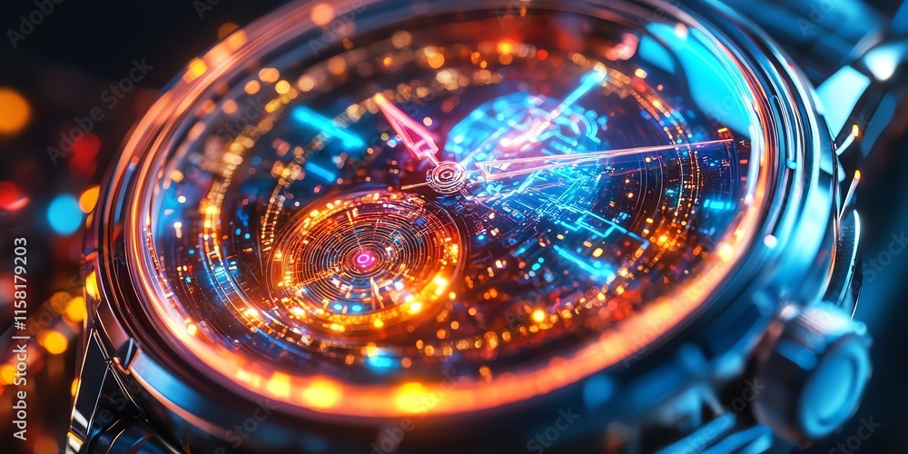 Poster a close-up of a futuristic watch face with vibrant, glowing elements and intricate details.