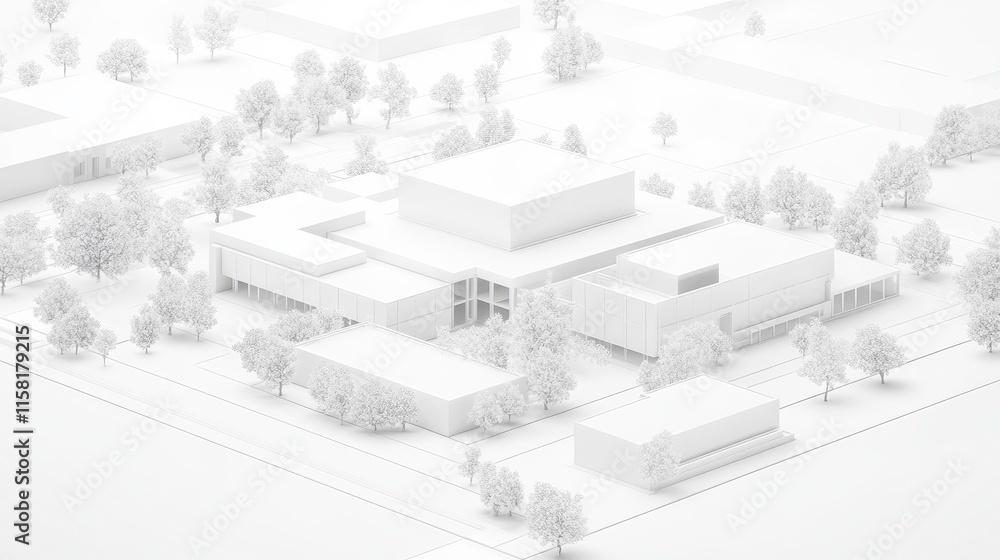 Poster a minimalist architectural model surrounded by trees, showcasing a modern design in a monochromatic 