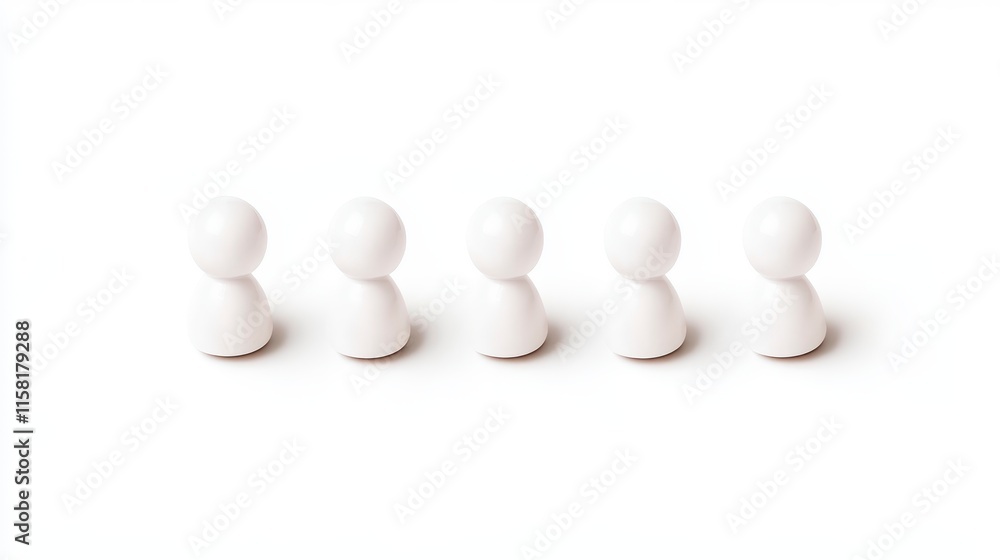 Poster a minimalist arrangement of five white game pieces lined up in a row against a plain background, sym