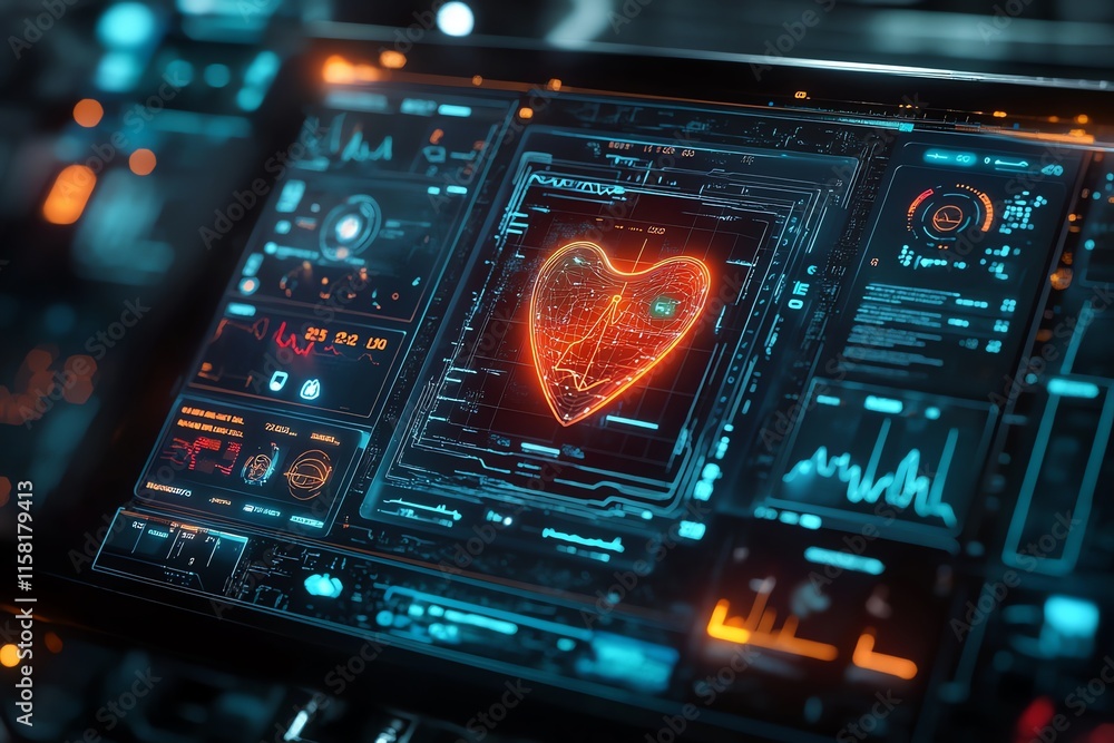 Poster A futuristic display showing a glowing heart graphic with data metrics and analytics.