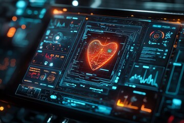 A futuristic display showing a glowing heart graphic with data metrics and analytics.