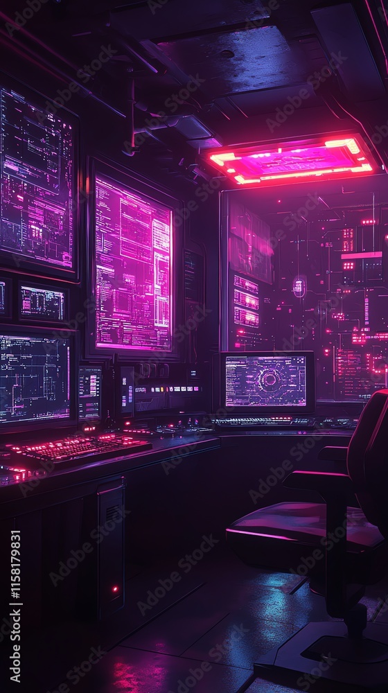 Poster a futuristic control room with glowing screens and neon lights, emphasizing technology and data.
