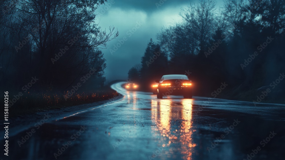 Poster nighttime road illuminated by bright streaks of car lights creating a dynamic atmosphere perfect for
