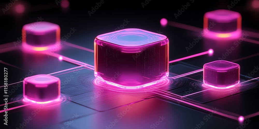 Poster A futuristic digital cube surrounded by glowing connections, representing technology and data flow.