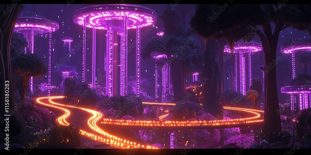 Aufkleber a vibrant, glowing landscape with illuminated trees and a winding path.