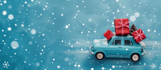 Christmas gifts on a vintage blue car in snowy scene.