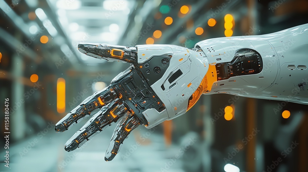 Poster A futuristic robotic hand showcasing intricate design and technology.