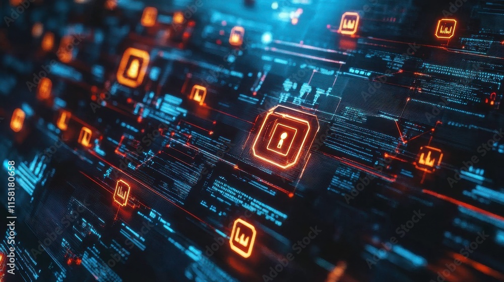 Poster secure technology symbols on bright abstract background