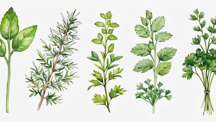 Obraz premium Watercolor Herbs Basil Rosemary Mint Parsley Cilantro Culinary Art Food Illustration