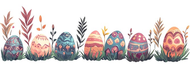 Colorful Easter eggs in a grass border set, easter background