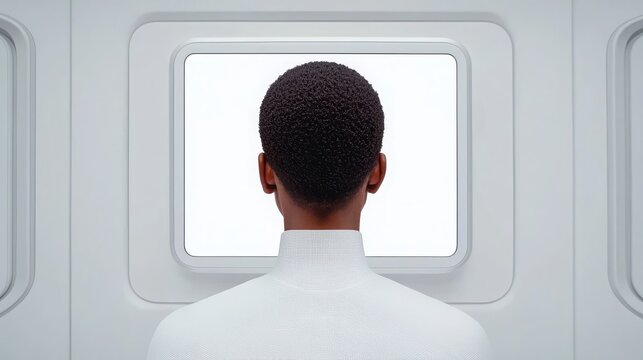 Digital transformation and adaption technology. A person gazes out of a minimalist window in a modern setting.