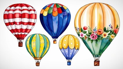 Naklejka premium Colorful Watercolor Hot Air Balloons Floral Design Adventure Travel Flight