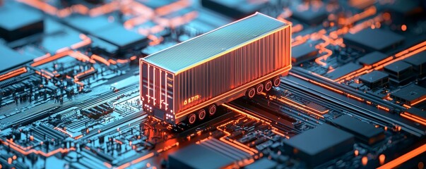 Digital transformation and adaption technology. A cargo container on a circuit board with glowing connections.