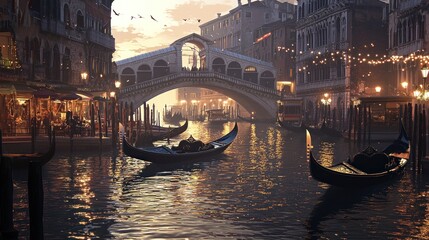 A serene evening scene in Venice with gondolas on the canal and a beautiful bridge.