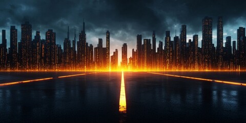 Digital transformation and adaption technology. Dramatic skyline with glowing lights and dark clouds at dusk.