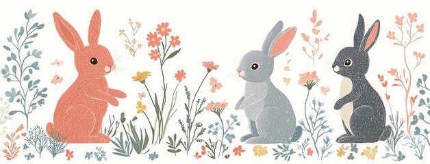Cute flat vector illustration of four Easter bunnies with floral patterns, easter background