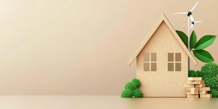 Digital transformation and adaption technology. Eco-friendly house model with greenery and wind turbine on a neutral background.