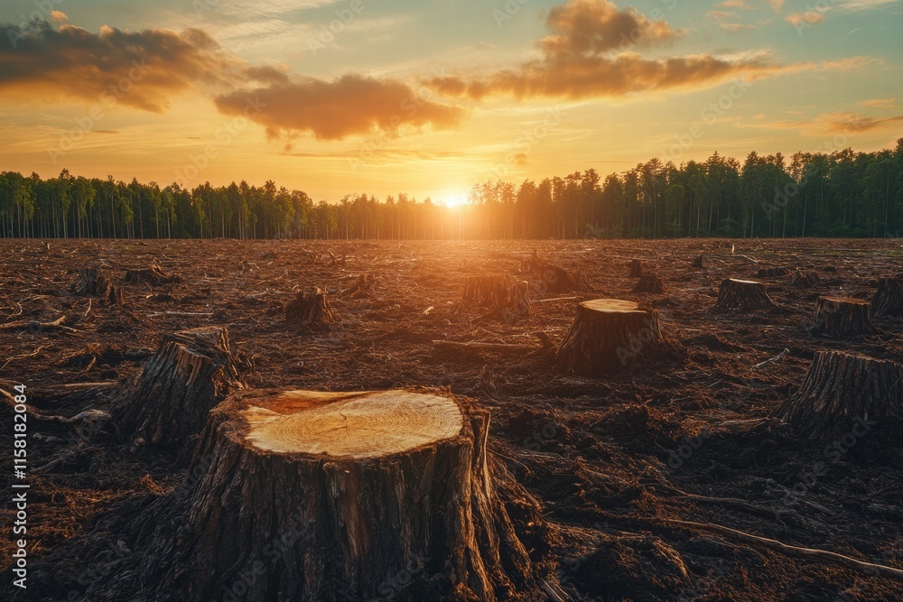 Aufkleber deforested landscape at sunset shows remnants of tree stumps in cleared land with distant forest bac