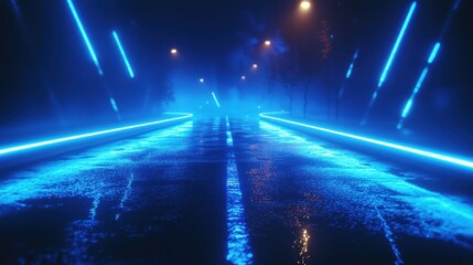 A futuristic, illuminated road with blue neon lights reflecting on a wet surface.
