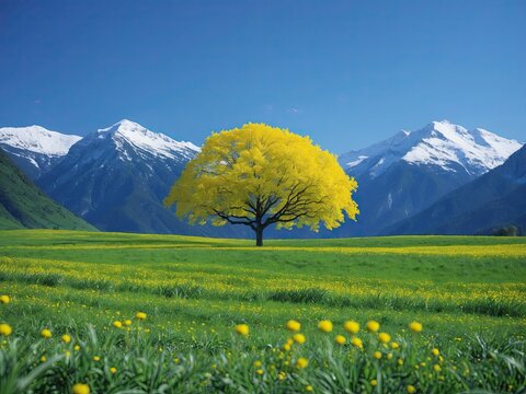 Landscape photograph of yellow tree isolated at a medow with mountain background