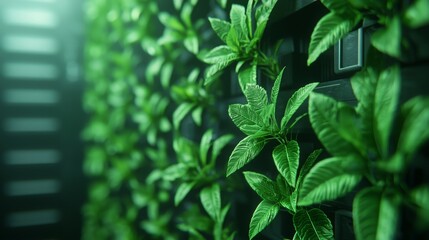 Digital transformation and adaption technology. Lush green plants on a vertical wall display in soft lighting.