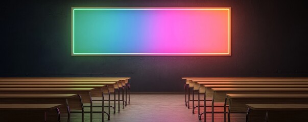 Digital transformation and adaption technology. Colorful neon light display in a classroom setting with wooden desks.