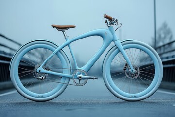Naklejka premium Modern Light Blue Bicycle with Stylish Design Parked on a Quiet Urban Road in Early Morning Fog, Emphasizing Its Unique Shape and Slim Profile