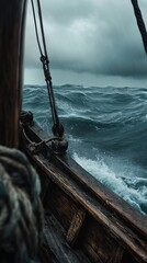 Obraz premium A wooden boat navigating stormy seas under dark, rain-filled clouds.