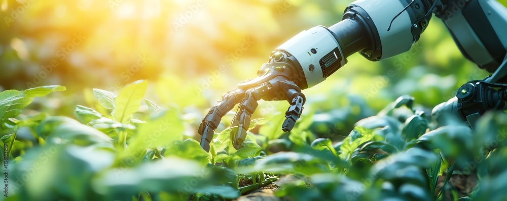 Poster Advanced robot farmers with cuttingedge automation systems in a lush agricultural landscape, transforming farming with innovative technology and ecofriendly practices