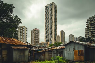 Luxury skyscraper contrasts with rundown shacks in urban landscape showcasing inequality and development. Generative AI