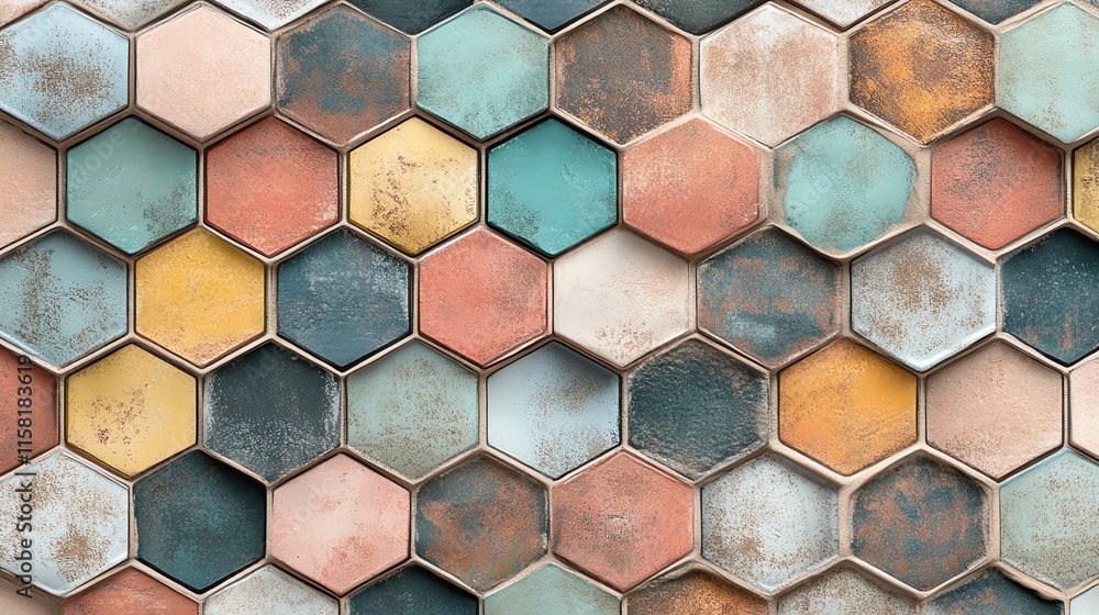 Poster A close-up of hexagonal tiles in various colors and textures, showcasing a modern design.