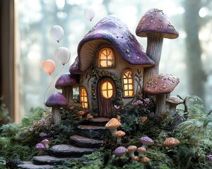 Enchanting fairy house with floating balloons, oversized mushrooms, and a whimsical forest setting, ideal for childrens portraits