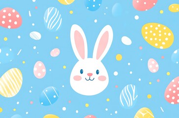 Easter background with pastel-colored eggs and bunny ears on a blue background