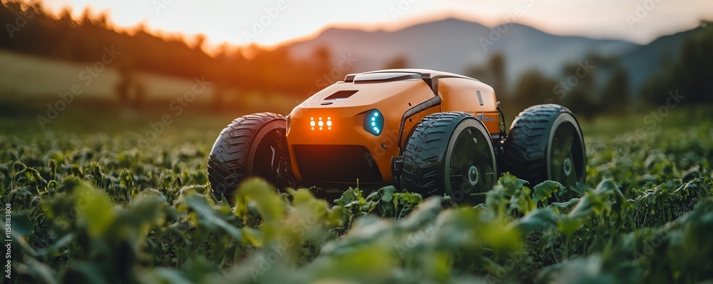 Poster futuristic robot farmers in action, utilizing advanced machinery, aidriven crop management, and auto