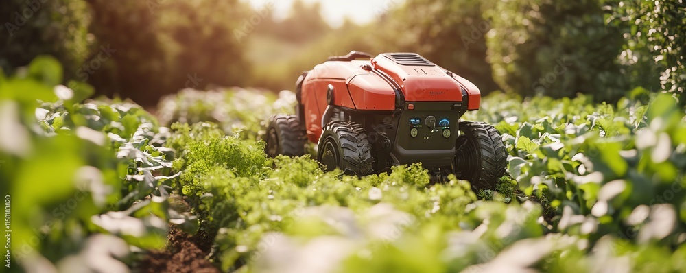 Poster futuristic robot farmers in action, utilizing advanced machinery, aidriven crop management, and auto