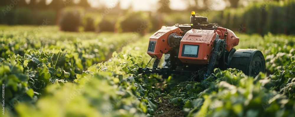 Poster Futuristic robot farmers in action, utilizing advanced machinery, AIdriven crop management, and automated farming techniques for ecofriendly agriculture
