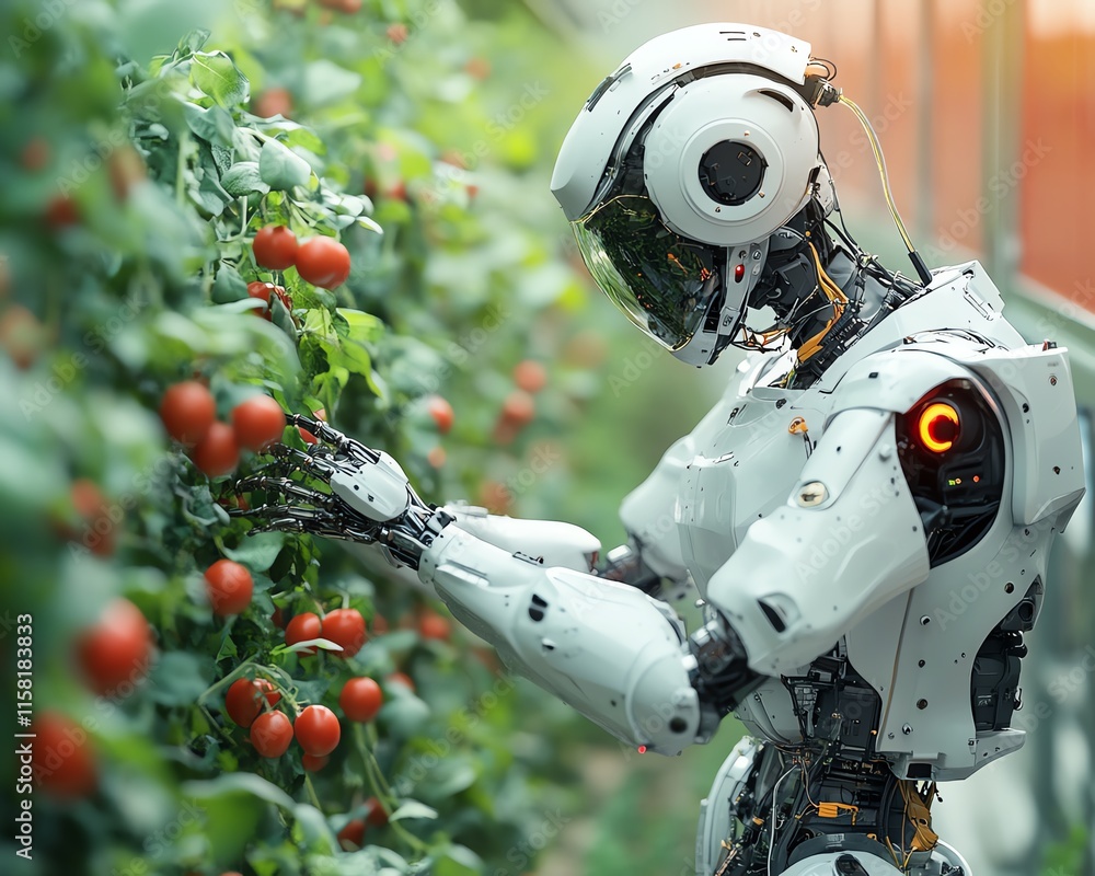 Poster futuristic robotic farmworkers harvesting crops, tending to fields, and utilizing stateoftheart tech